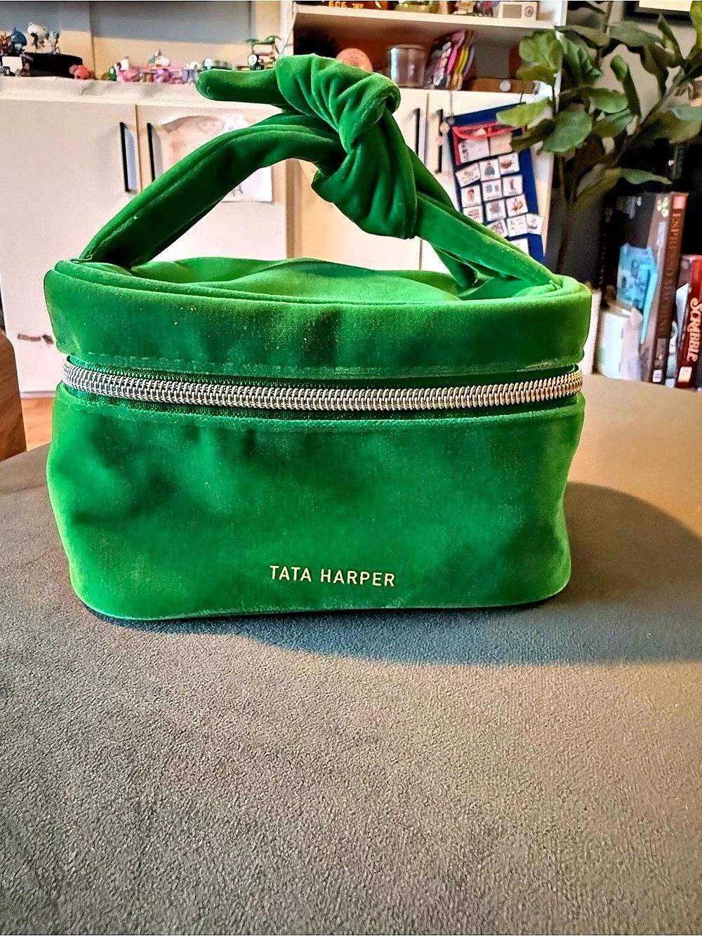 Tata Harper Green Velvet Vanity Case Makeup Bag Knot Handle Gold Pull